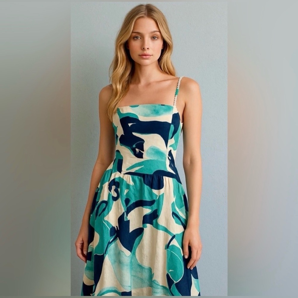 Christian Lacroix NWT M Teal & Navy Fit & Flare Organic Style Designer Dress